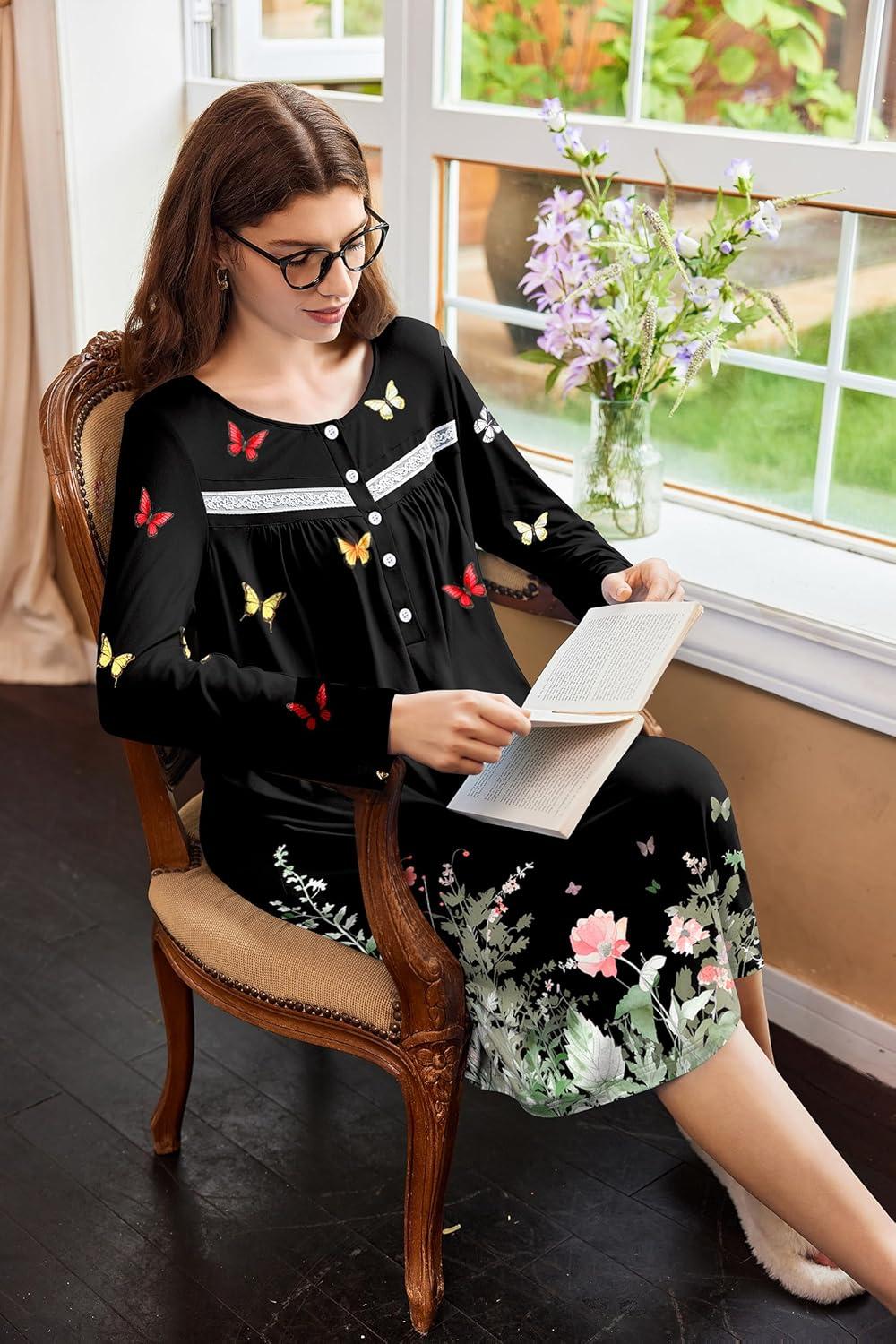imageEkouaer Nightgowns for Women Long Sleeve Sleepshirt Button Nightshirt Floral Sleepwear Night Dress with Pockets SXXXLBlack Leaf Butterfly