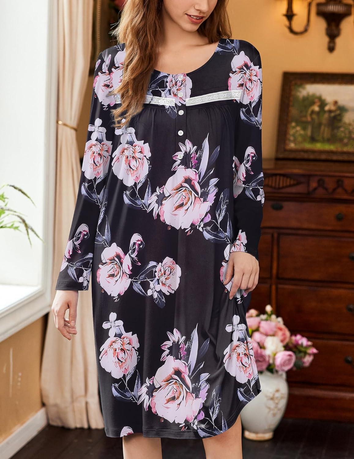 imageEkouaer Nightgowns for Women Long Sleeve Sleepshirt Button Nightshirt Floral Sleepwear Night Dress with Pockets SXXXLBlack Orange Floral