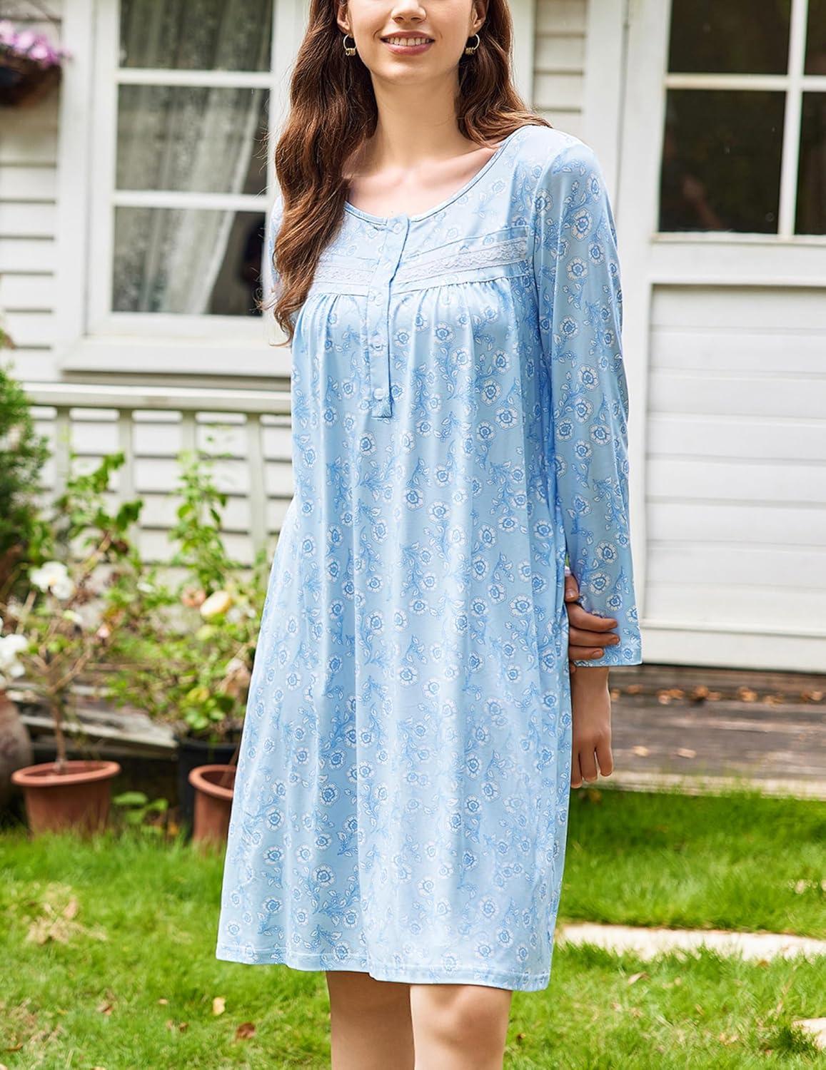 imageEkouaer Nightgowns for Women Long Sleeve Sleepshirt Button Nightshirt Floral Sleepwear Night Dress with Pockets SXXXLBlue Floral