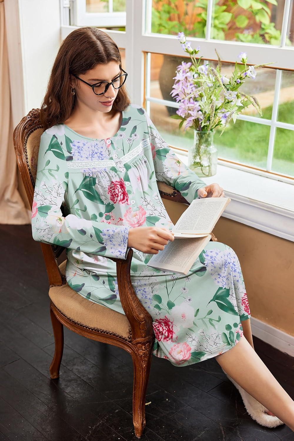 imageEkouaer Nightgowns for Women Long Sleeve Sleepshirt Button Nightshirt Floral Sleepwear Night Dress with Pockets SXXXLGreen Floral