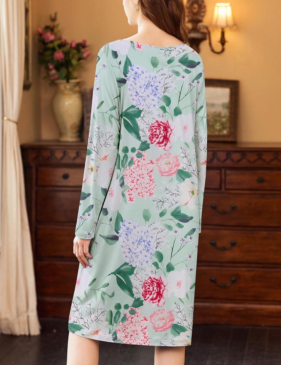 imageEkouaer Nightgowns for Women Long Sleeve Sleepshirt Button Nightshirt Floral Sleepwear Night Dress with Pockets SXXXLGreen Floral