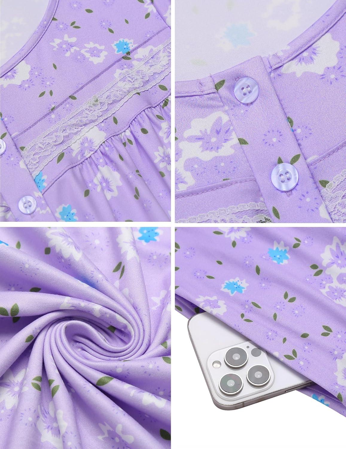 imageEkouaer Nightgowns for Women Long Sleeve Sleepshirt Button Nightshirt Floral Sleepwear Night Dress with Pockets SXXXLPurple Floral