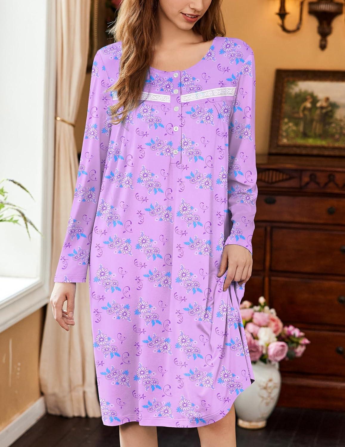 imageEkouaer Nightgowns for Women Long Sleeve Sleepshirt Button Nightshirt Floral Sleepwear Night Dress with Pockets SXXXLPurple Floral