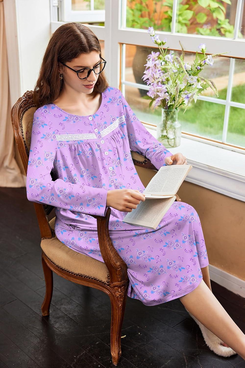 imageEkouaer Nightgowns for Women Long Sleeve Sleepshirt Button Nightshirt Floral Sleepwear Night Dress with Pockets SXXXLPurple Floral