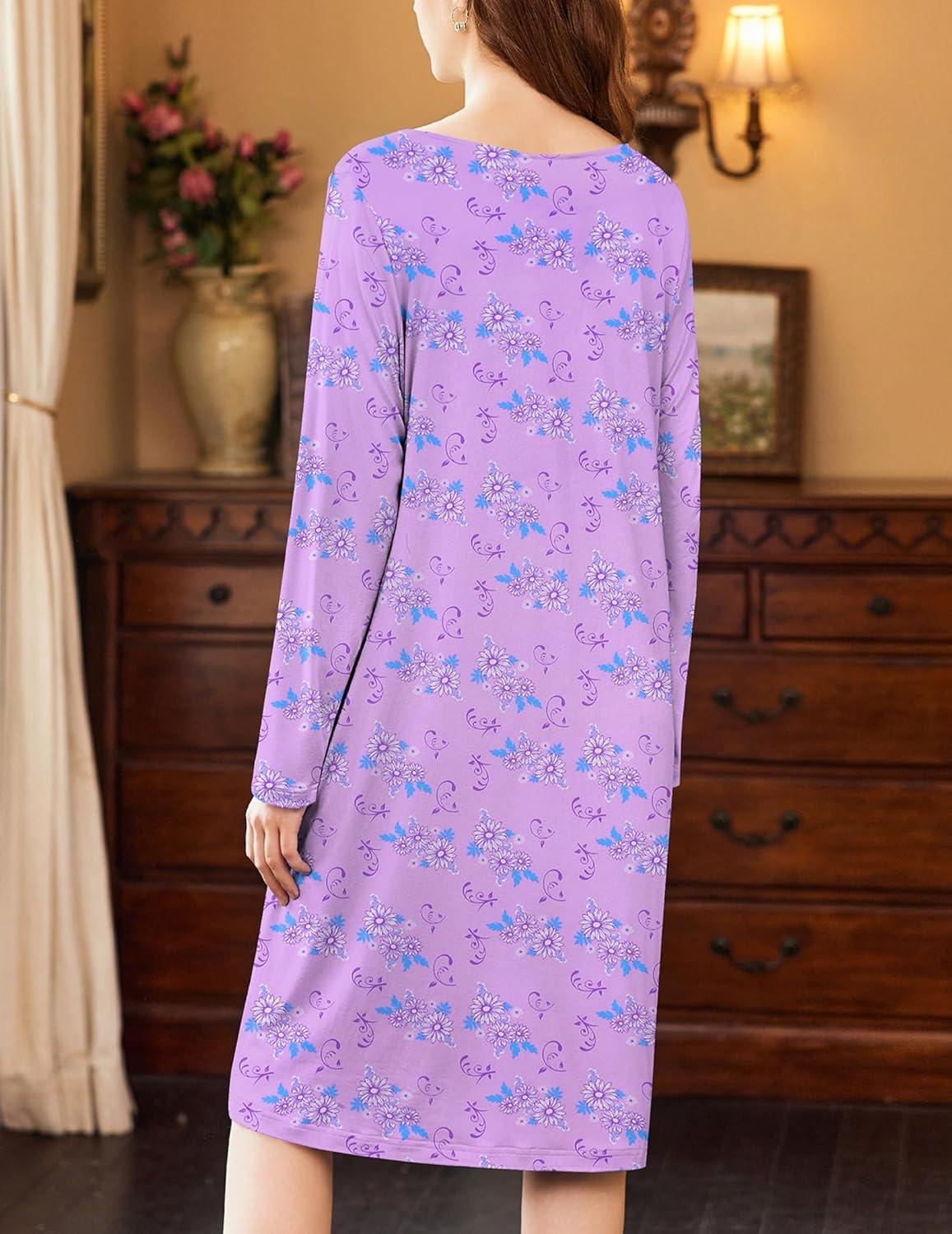 imageEkouaer Nightgowns for Women Long Sleeve Sleepshirt Button Nightshirt Floral Sleepwear Night Dress with Pockets SXXXLPurple Floral