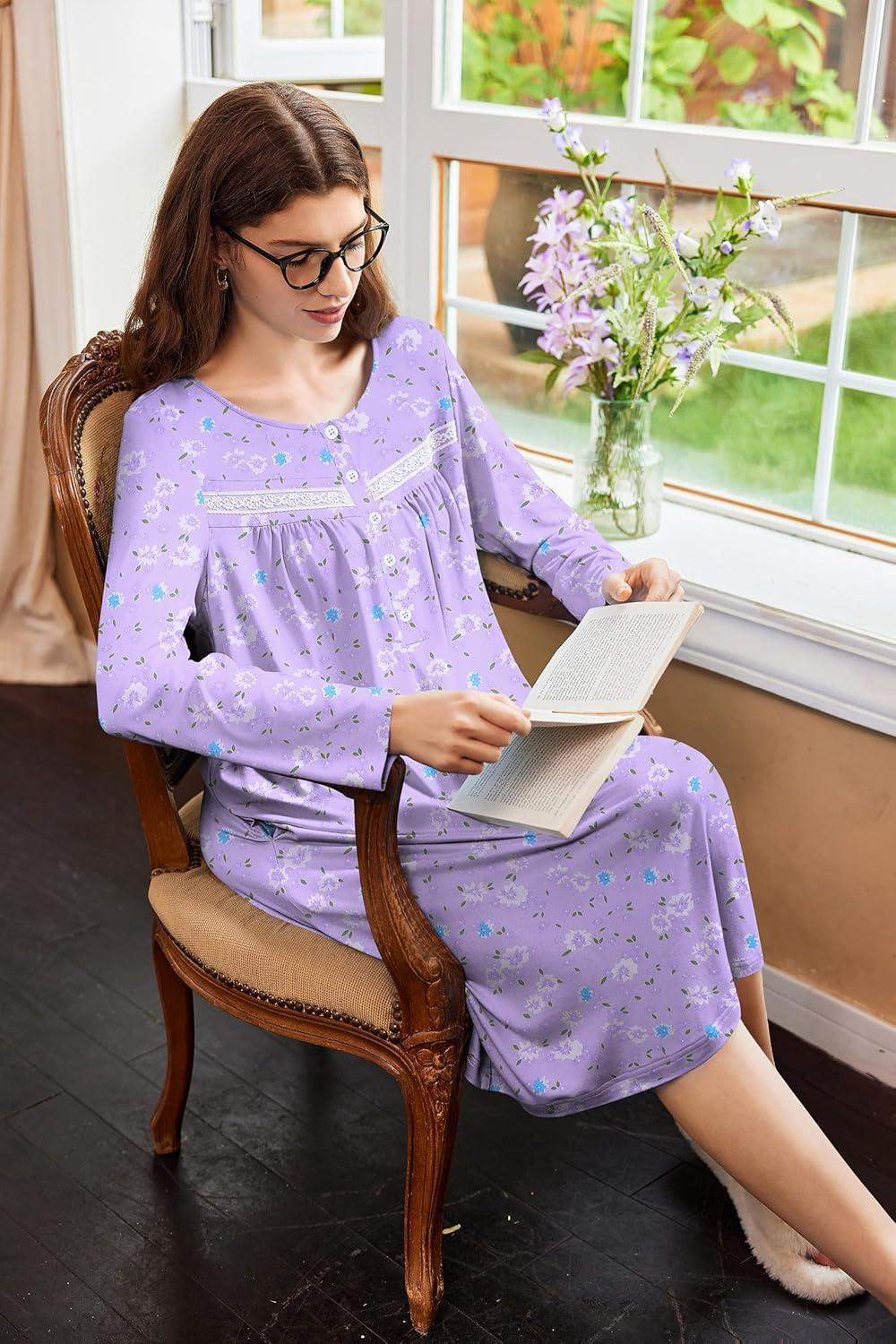 imageEkouaer Nightgowns for Women Long Sleeve Sleepshirt Button Nightshirt Floral Sleepwear Night Dress with Pockets SXXXLPurple White Floral