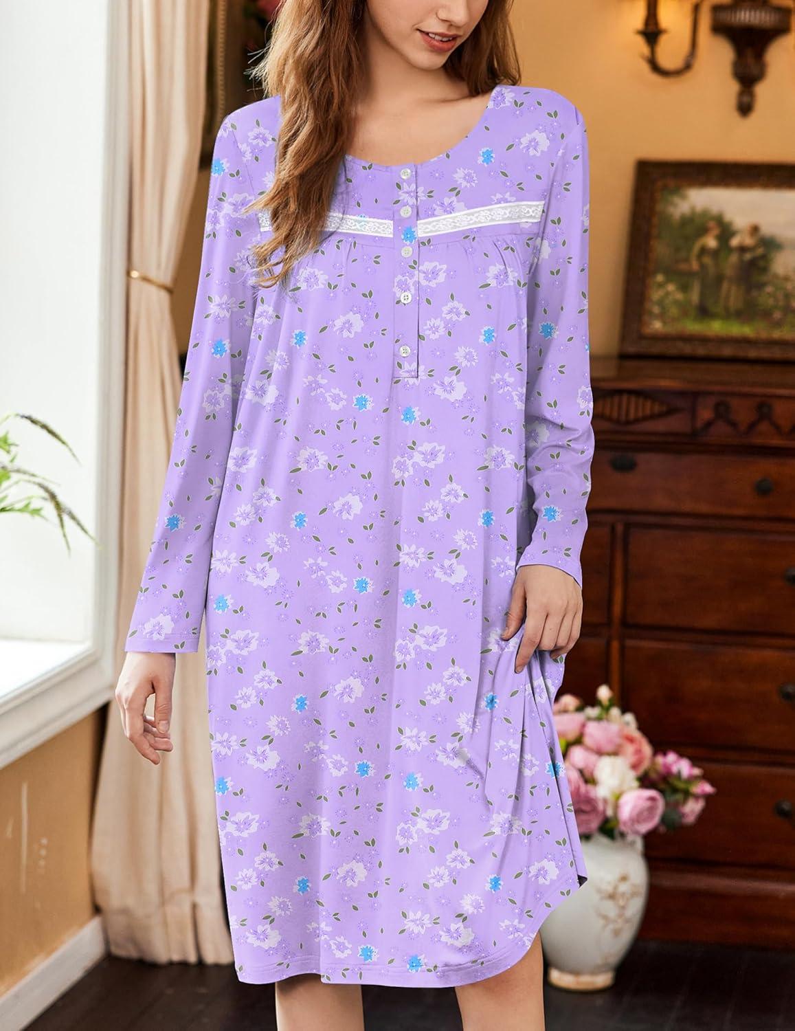 imageEkouaer Nightgowns for Women Long Sleeve Sleepshirt Button Nightshirt Floral Sleepwear Night Dress with Pockets SXXXLPurple White Floral