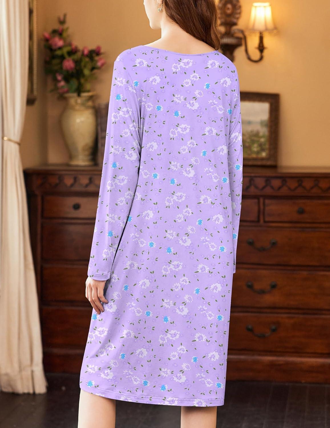 imageEkouaer Nightgowns for Women Long Sleeve Sleepshirt Button Nightshirt Floral Sleepwear Night Dress with Pockets SXXXLPurple White Floral