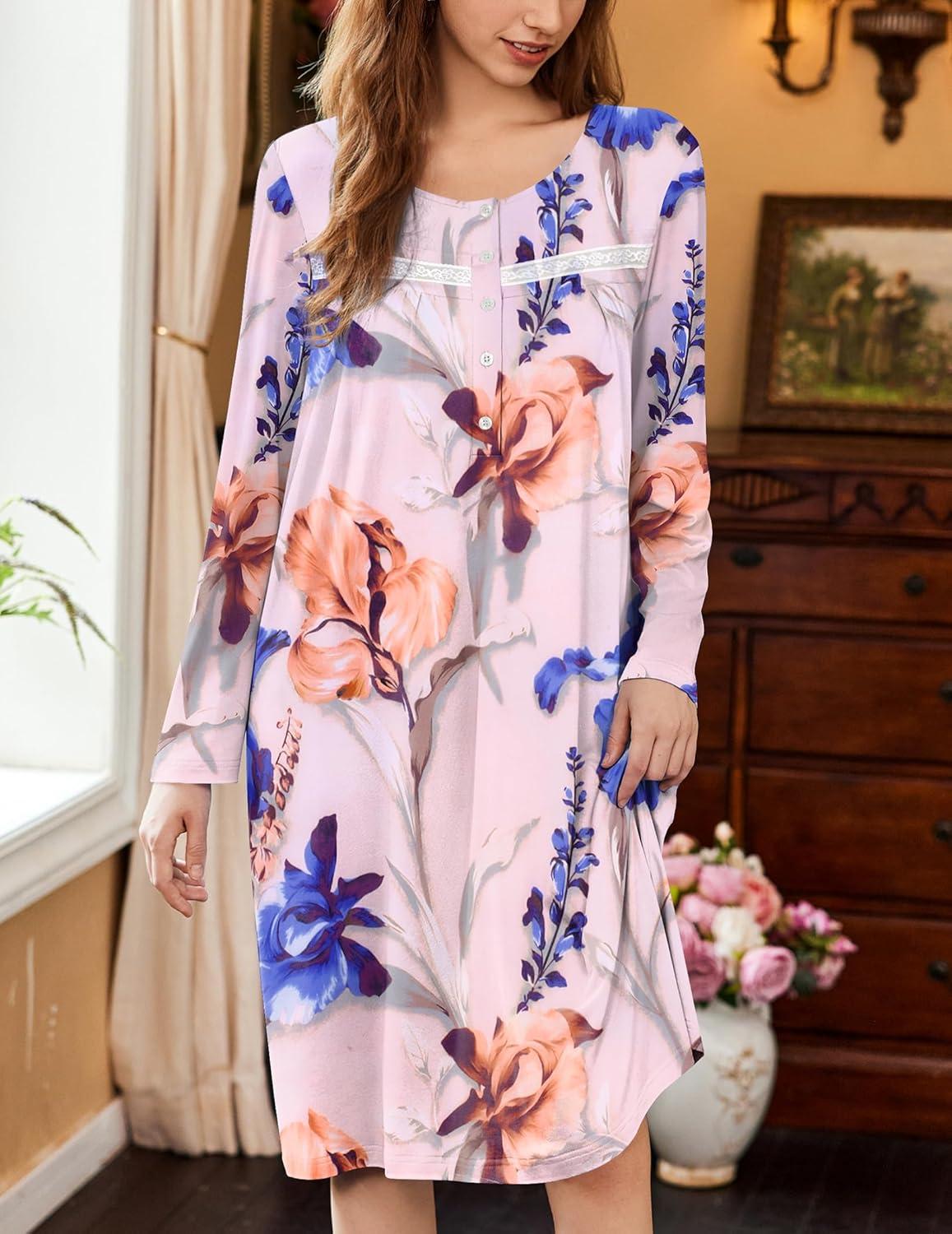 imageEkouaer Nightgowns for Women Long Sleeve Sleepshirt Button Nightshirt Floral Sleepwear Night Dress with Pockets SXXXLWhite Blue Floral