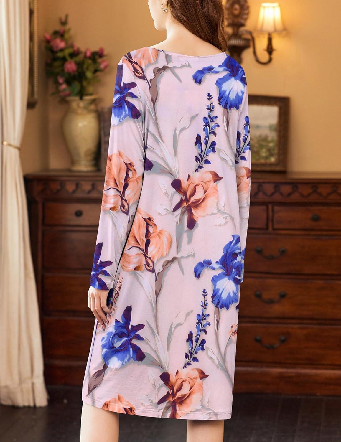imageEkouaer Nightgowns for Women Long Sleeve Sleepshirt Button Nightshirt Floral Sleepwear Night Dress with Pockets SXXXLWhite Blue Floral