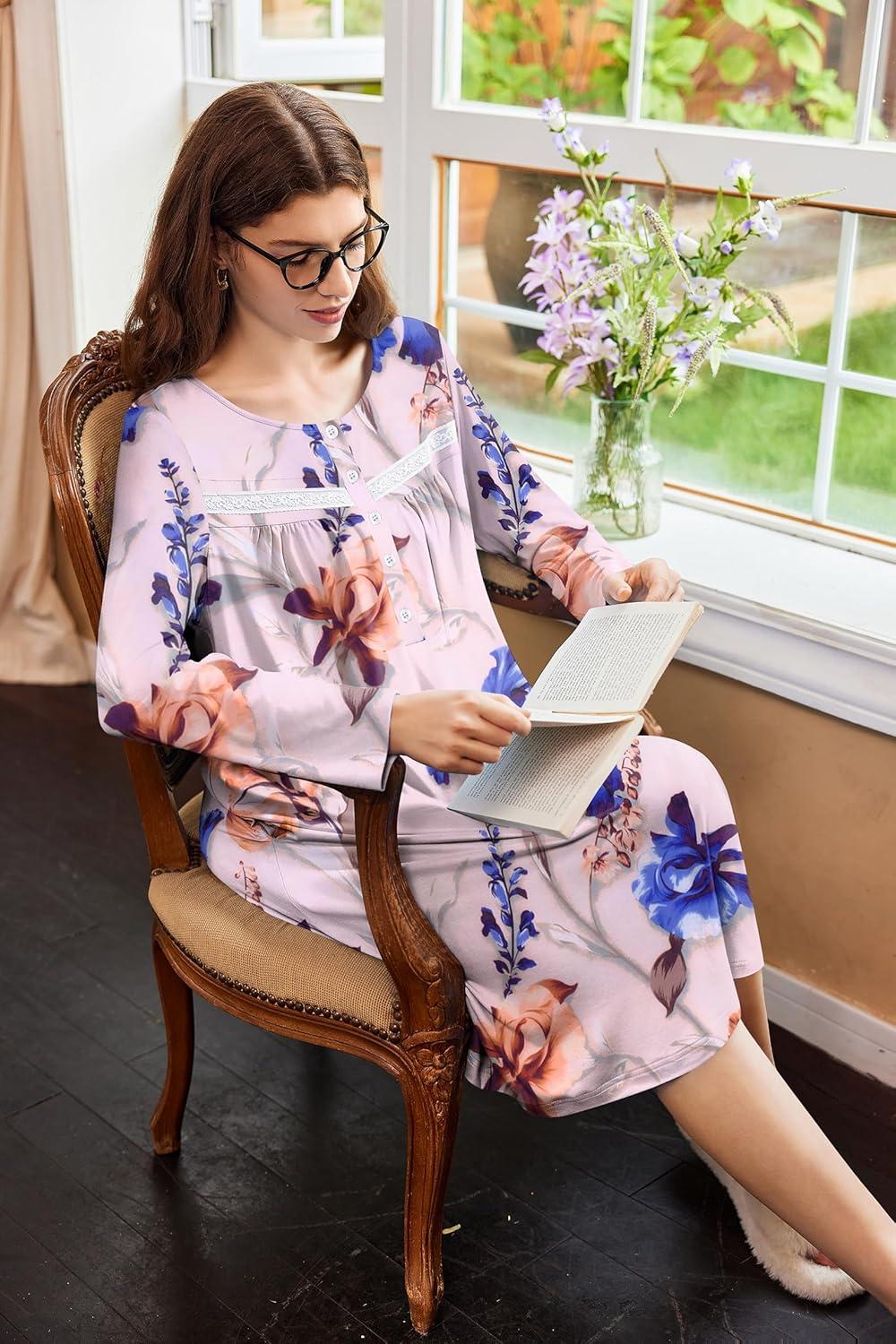 imageEkouaer Nightgowns for Women Long Sleeve Sleepshirt Button Nightshirt Floral Sleepwear Night Dress with Pockets SXXXLWhite Blue Floral