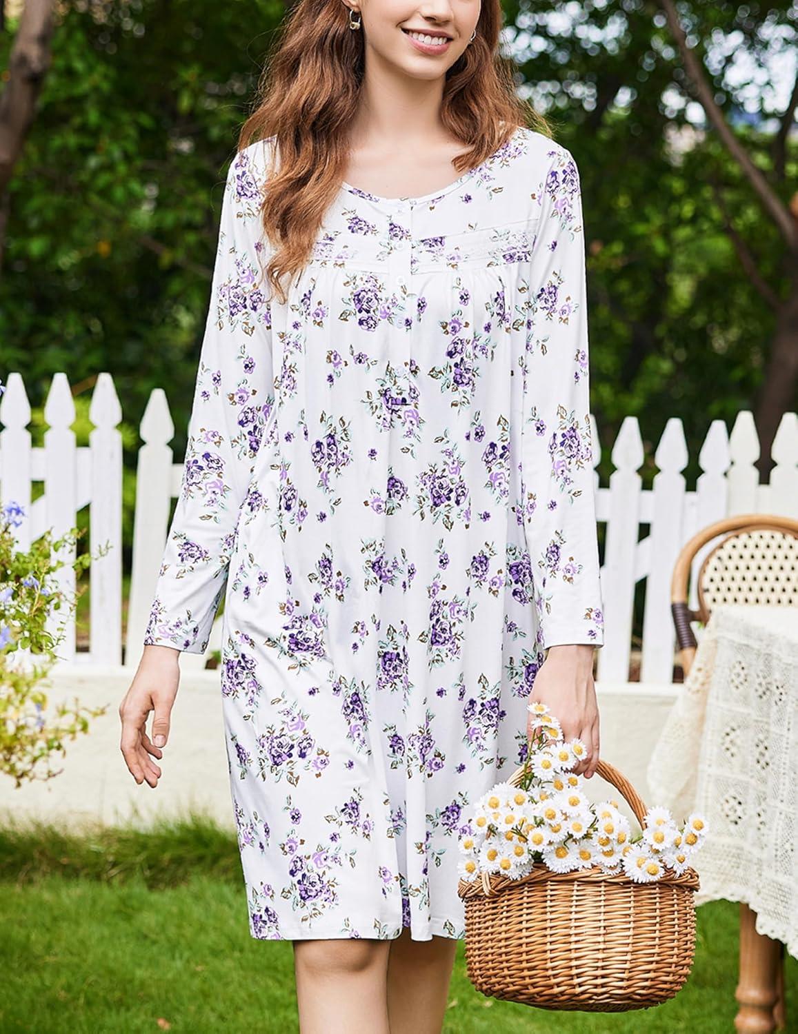 imageEkouaer Nightgowns for Women Long Sleeve Sleepshirt Button Nightshirt Floral Sleepwear Night Dress with Pockets SXXXLWhite Purple Floral