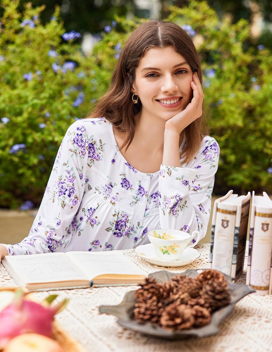 imageEkouaer Nightgowns for Women Long Sleeve Sleepshirt Button Nightshirt Floral Sleepwear Night Dress with Pockets SXXXLWhite Purple Floral