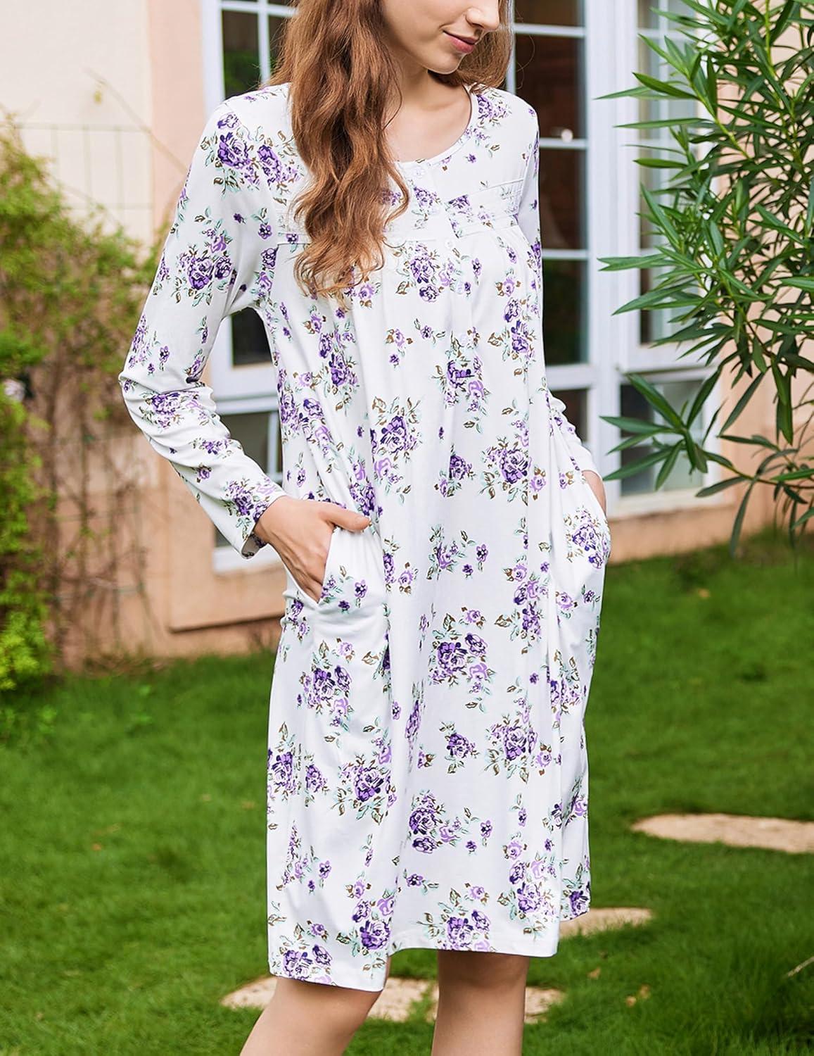 imageEkouaer Nightgowns for Women Long Sleeve Sleepshirt Button Nightshirt Floral Sleepwear Night Dress with Pockets SXXXLWhite Purple Floral