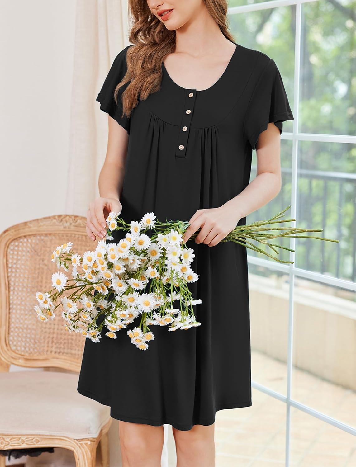 imageEkouaer Nightgowns for Women Short Sleeve House Dress with Pockets Floral Print Mumu DressBlack