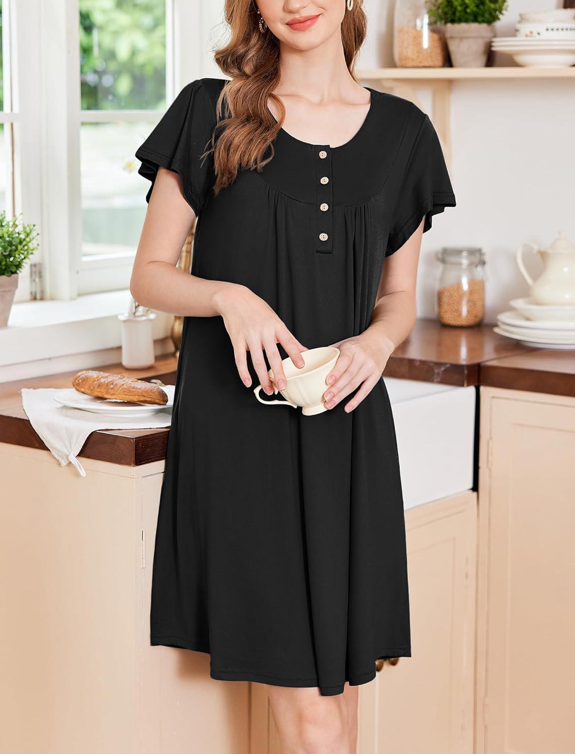 imageEkouaer Nightgowns for Women Short Sleeve House Dress with Pockets Floral Print Mumu DressBlack