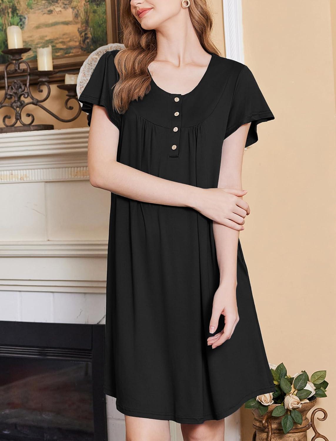 imageEkouaer Nightgowns for Women Short Sleeve House Dress with Pockets Floral Print Mumu DressBlack