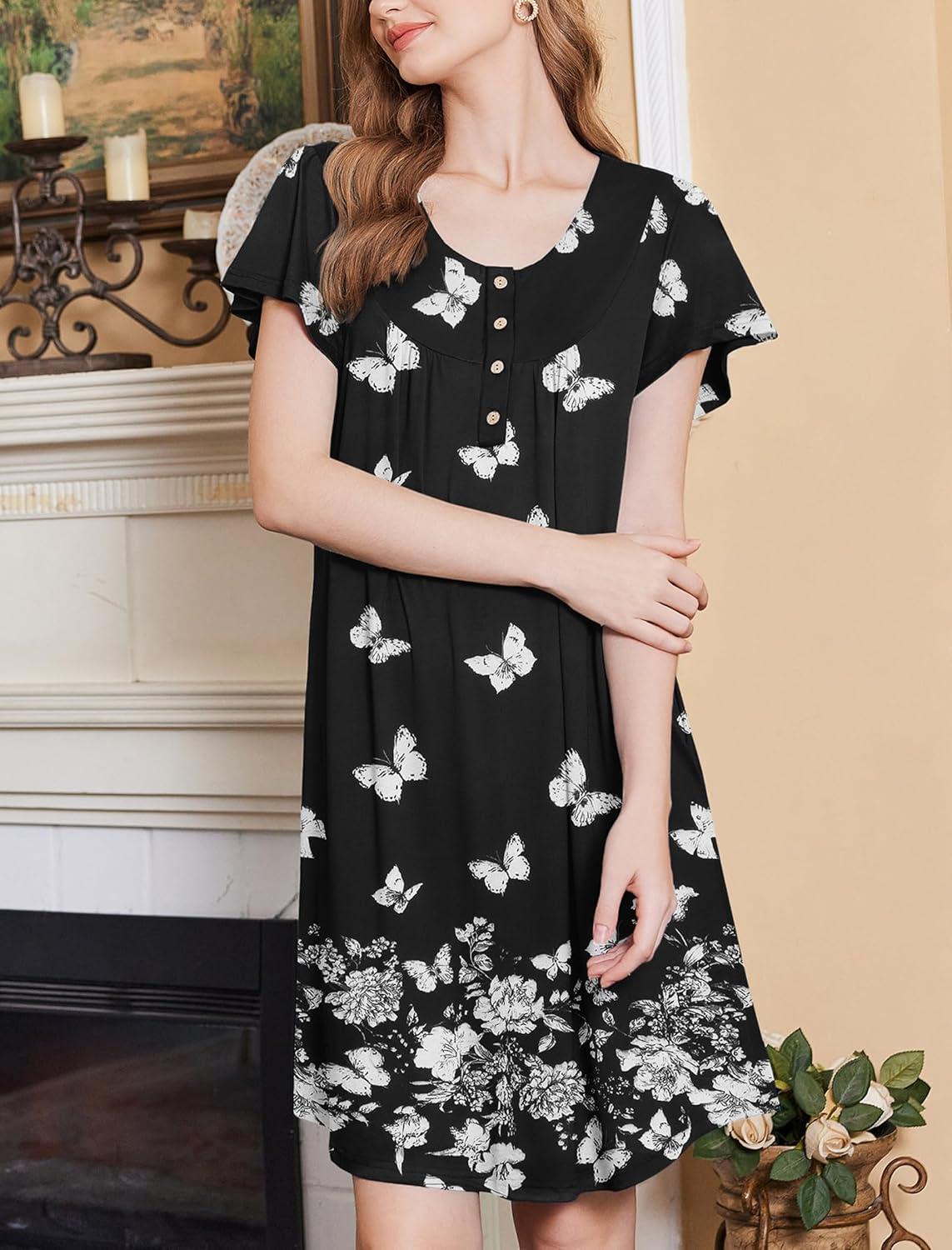 imageEkouaer Nightgowns for Women Short Sleeve House Dress with Pockets Floral Print Mumu DressButterfly Black