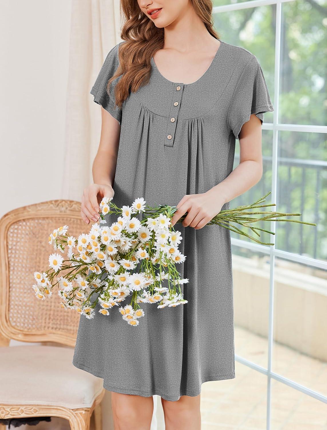 imageEkouaer Nightgowns for Women Short Sleeve House Dress with Pockets Floral Print Mumu DressDark Grey