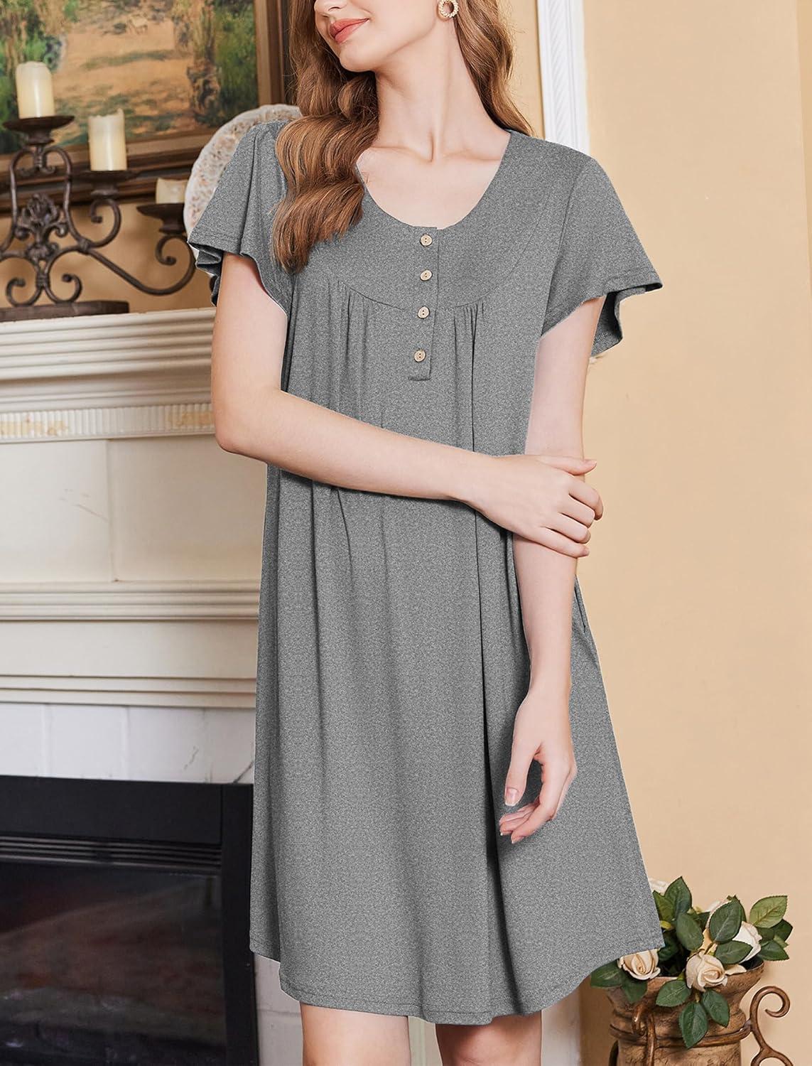 imageEkouaer Nightgowns for Women Short Sleeve House Dress with Pockets Floral Print Mumu DressDark Grey