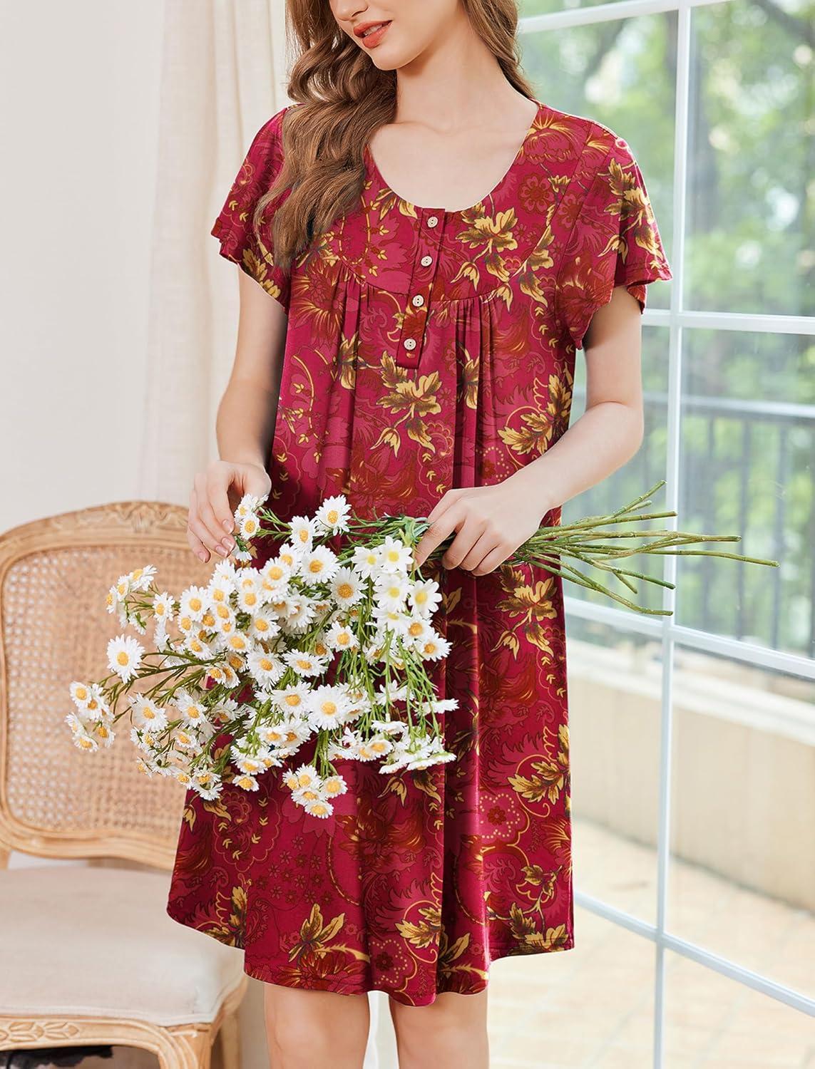 imageEkouaer Nightgowns for Women Short Sleeve House Dress with Pockets Floral Print Mumu DressFloral Dark Red