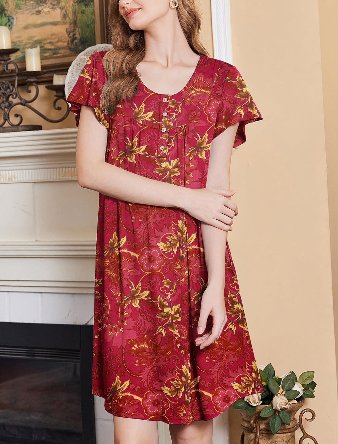 imageEkouaer Nightgowns for Women Short Sleeve House Dress with Pockets Floral Print Mumu DressFloral Dark Red