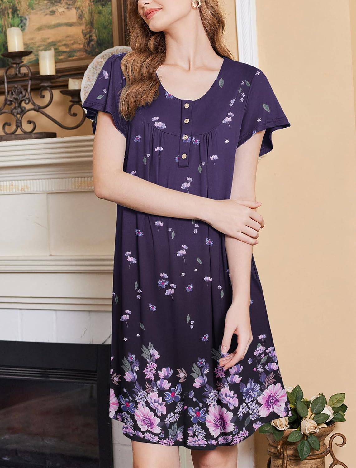 imageEkouaer Nightgowns for Women Short Sleeve House Dress with Pockets Floral Print Mumu DressFloral Purple