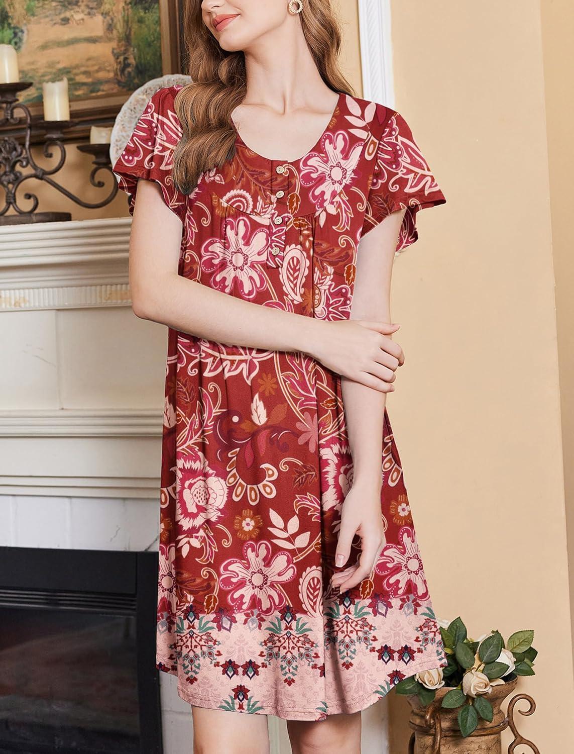 imageEkouaer Nightgowns for Women Short Sleeve House Dress with Pockets Floral Print Mumu DressFloral Red