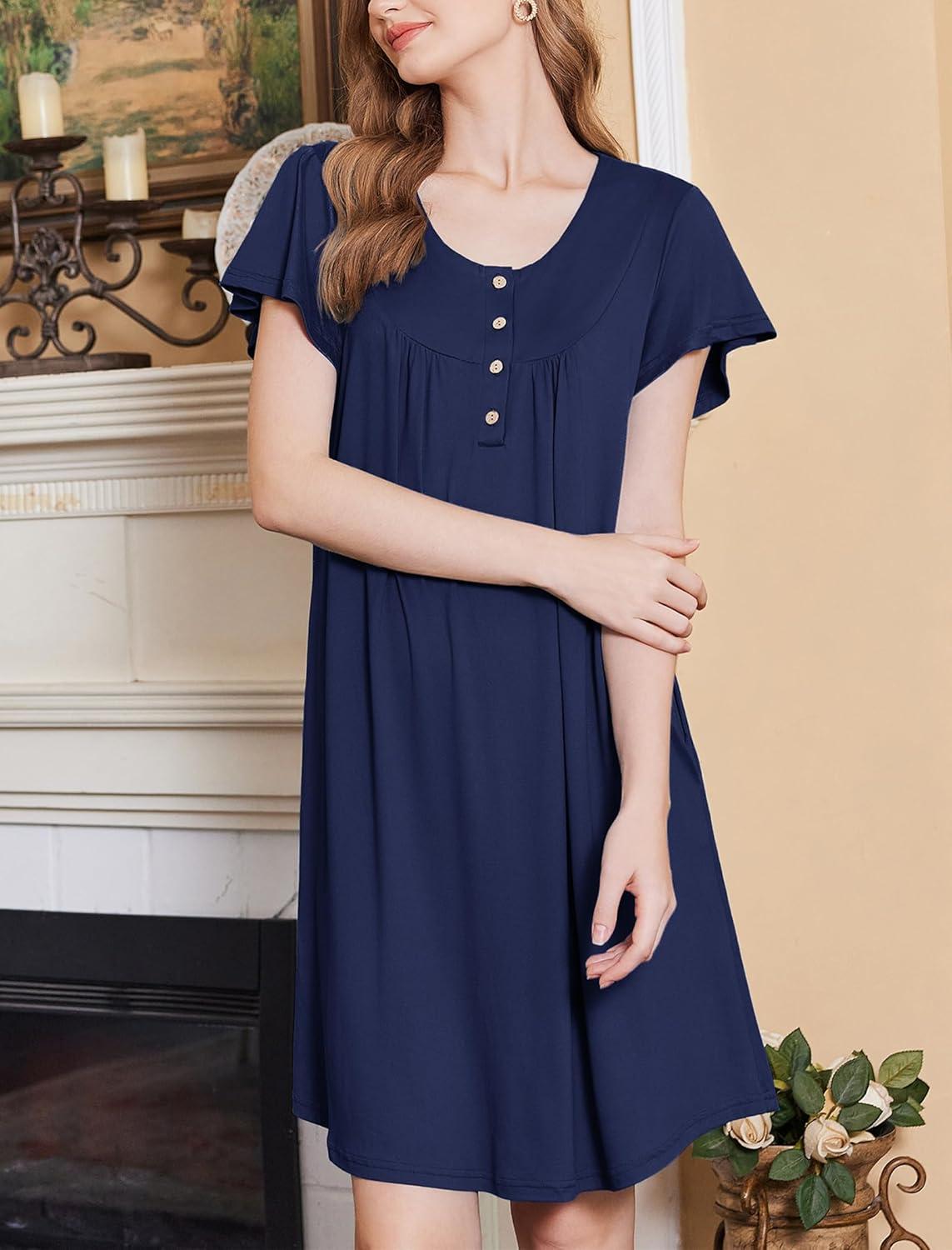 imageEkouaer Nightgowns for Women Short Sleeve House Dress with Pockets Floral Print Mumu DressNavy Blue