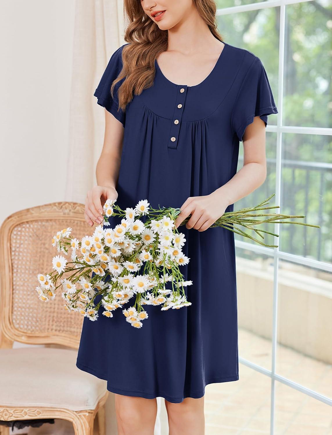 imageEkouaer Nightgowns for Women Short Sleeve House Dress with Pockets Floral Print Mumu DressNavy Blue