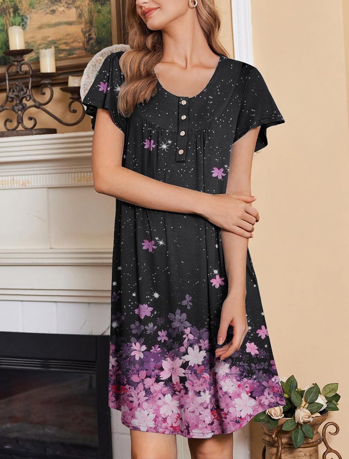 imageEkouaer Nightgowns for Women Short Sleeve House Dress with Pockets Floral Print Mumu DressNew Cherry Blossoms Black