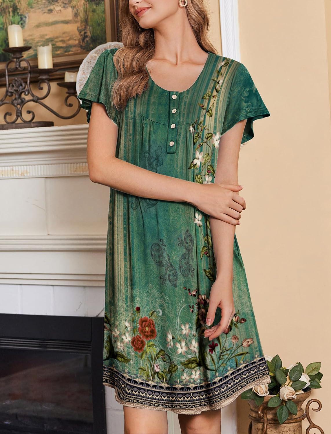 imageEkouaer Nightgowns for Women Short Sleeve House Dress with Pockets Floral Print Mumu DressNew Floral Green
