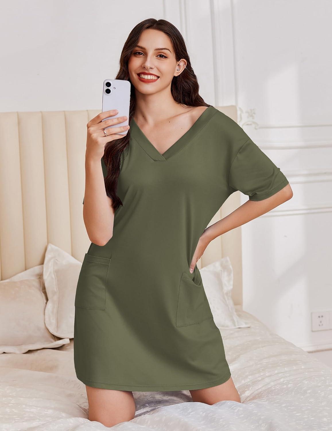 imageEkouaer Nightgowns for Women Short Sleeve Sleep Shirt V Neck Night Gown With Pockets Soft Pajamas Dress Casual SleepwearArmy Green