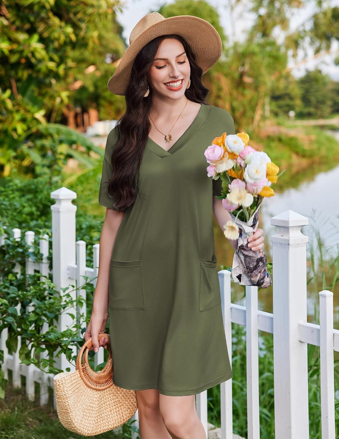 imageEkouaer Nightgowns for Women Short Sleeve Sleep Shirt V Neck Night Gown With Pockets Soft Pajamas Dress Casual SleepwearArmy Green
