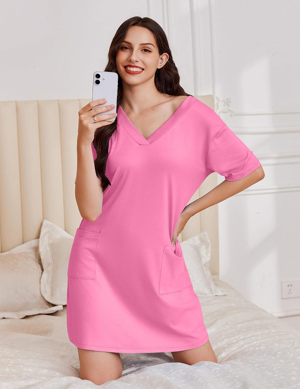 imageEkouaer Nightgowns for Women Short Sleeve Sleep Shirt V Neck Night Gown With Pockets Soft Pajamas Dress Casual SleepwearHot Pink