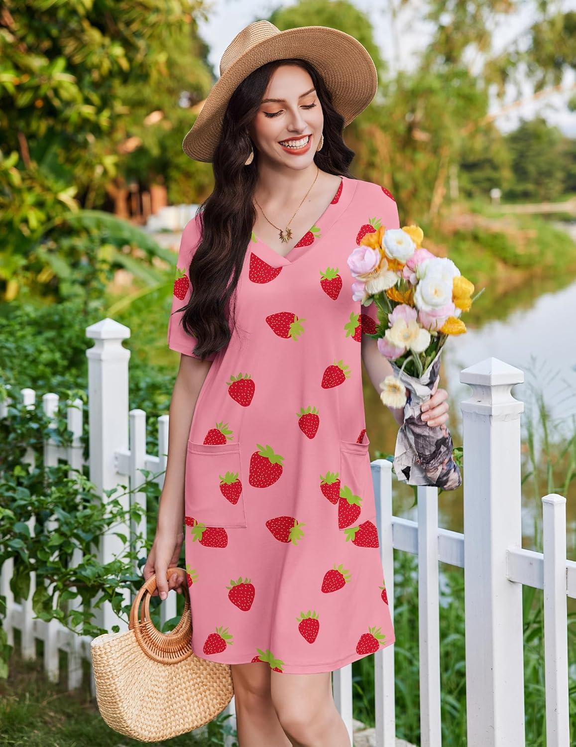 imageEkouaer Nightgowns for Women Short Sleeve Sleep Shirt V Neck Night Gown With Pockets Soft Pajamas Dress Casual SleepwearPink Strawberry