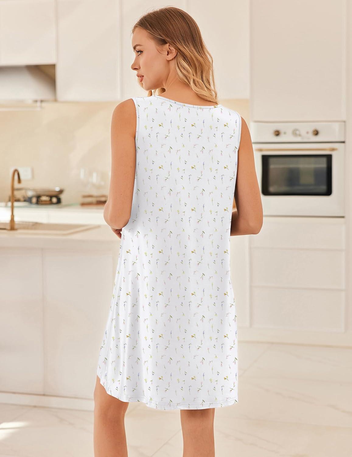 imageEkouaer Nightgowns for Women Sleeveless Sleep Shirt Tank Night Gown V Neck Chemise Pleated Night Shirt Soft Sleep DressFloral White