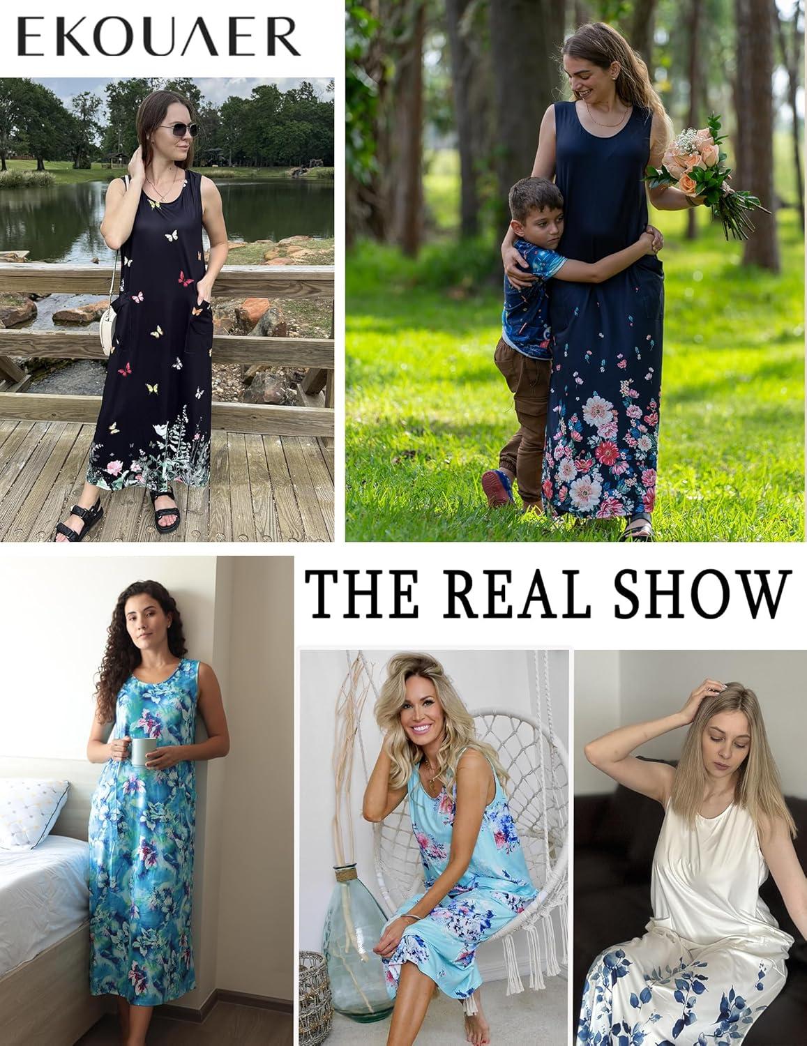 imageEkouaer Nightgowns for Women Sleeveless Sleepshirt Long Print House Dress Tank Nightshirt Maxi Casual Dress with PocketsGreen Flower Branches