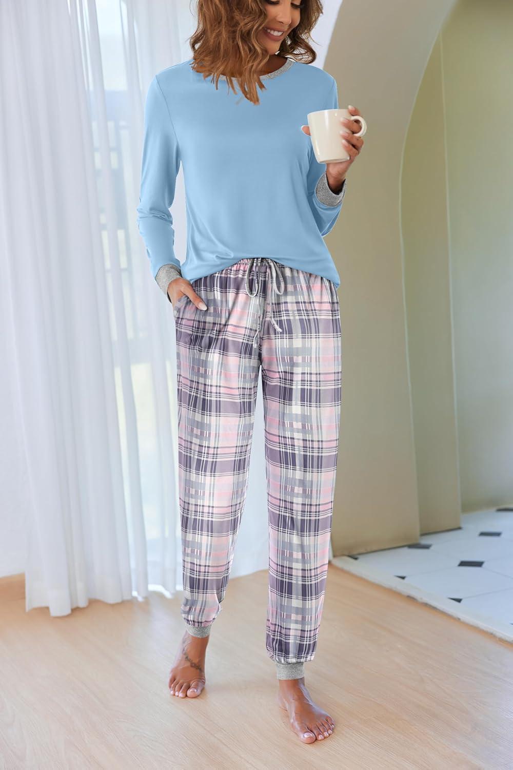 imageEkouaer Pajamas For Women Comfy Long Sleeve Jogger Set Lounge Pjs Set With PocketsAqua Blue Plaid
