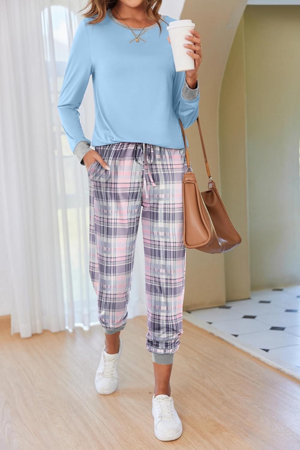 imageEkouaer Pajamas For Women Comfy Long Sleeve Jogger Set Lounge Pjs Set With PocketsAqua Blue Plaid