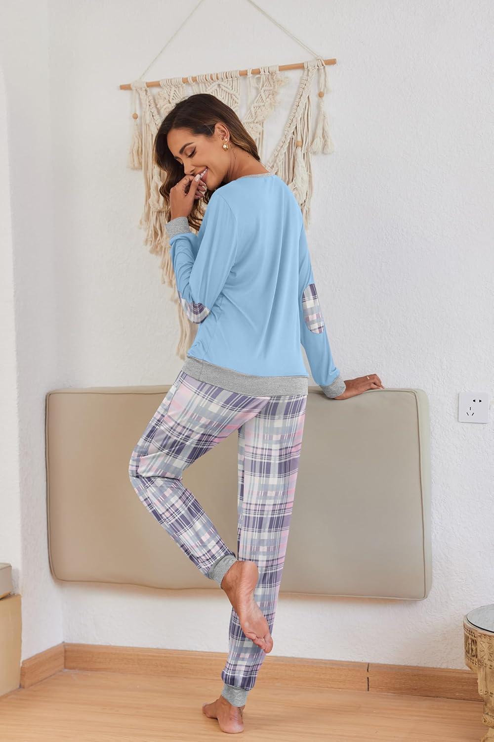 imageEkouaer Pajamas For Women Comfy Long Sleeve Jogger Set Lounge Pjs Set With PocketsAqua Blue Plaid