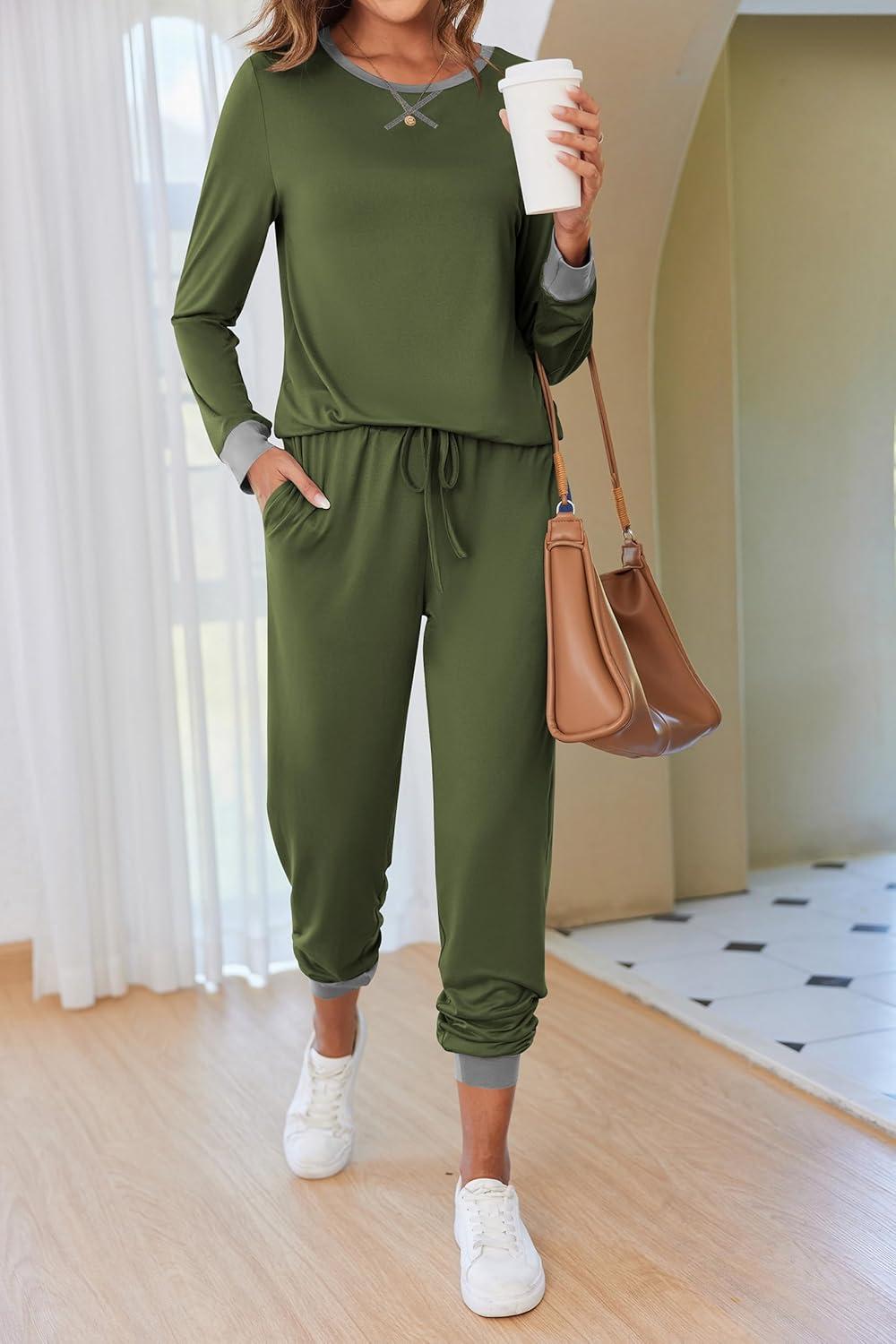 imageEkouaer Pajamas For Women Comfy Long Sleeve Jogger Set Lounge Pjs Set With PocketsArmy Green