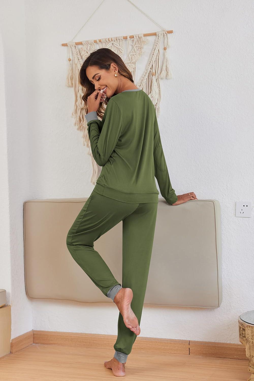 imageEkouaer Pajamas For Women Comfy Long Sleeve Jogger Set Lounge Pjs Set With PocketsArmy Green