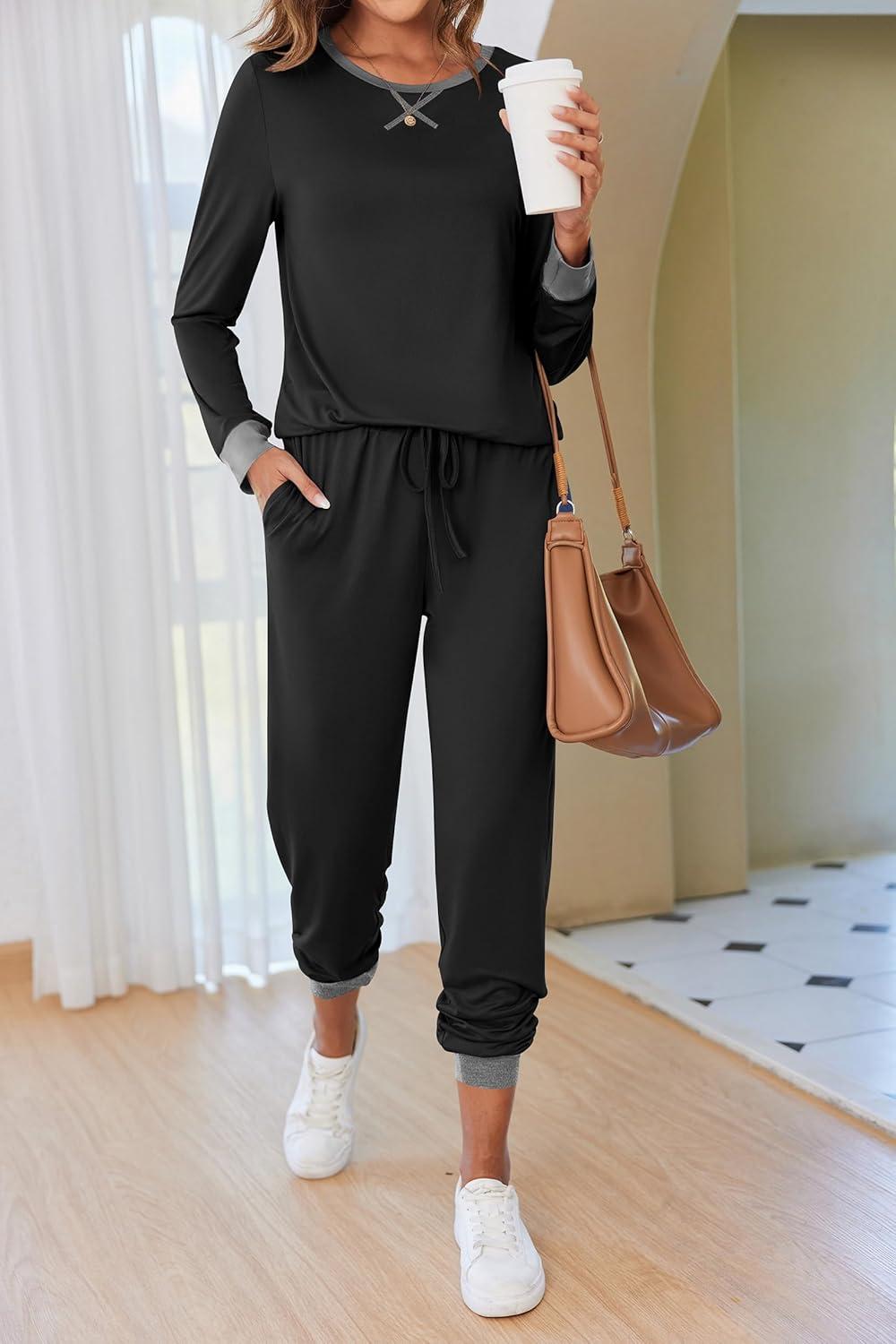 imageEkouaer Pajamas For Women Comfy Long Sleeve Jogger Set Lounge Pjs Set With PocketsBlack