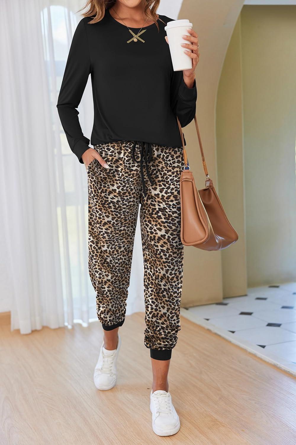 imageEkouaer Pajamas For Women Comfy Long Sleeve Jogger Set Lounge Pjs Set With PocketsBlack Leopard