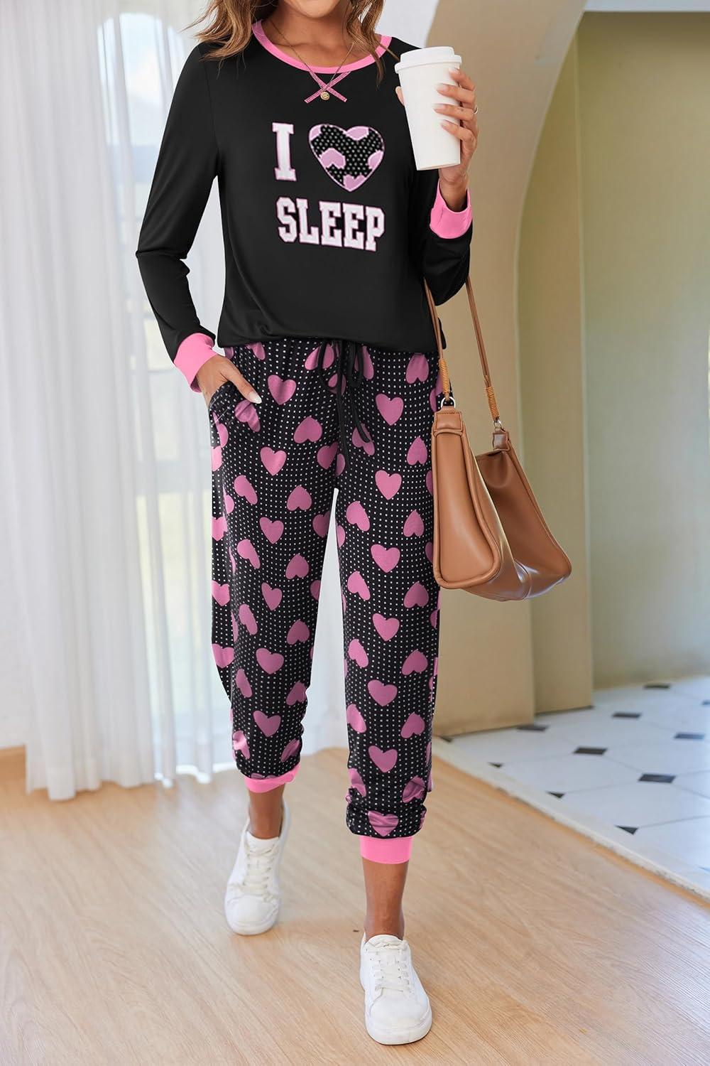 imageEkouaer Pajamas For Women Comfy Long Sleeve Jogger Set Lounge Pjs Set With PocketsBlack Love Heart