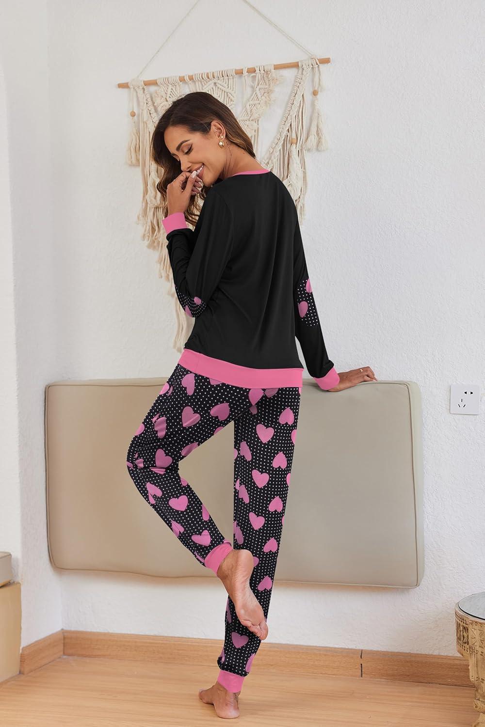 imageEkouaer Pajamas For Women Comfy Long Sleeve Jogger Set Lounge Pjs Set With PocketsBlack Love Heart