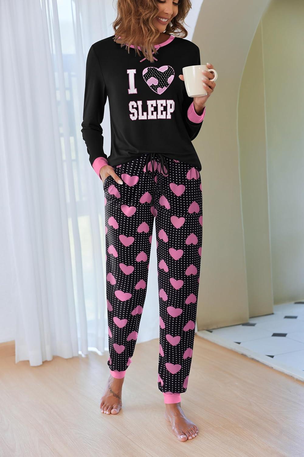 imageEkouaer Pajamas For Women Comfy Long Sleeve Jogger Set Lounge Pjs Set With PocketsBlack Love Heart