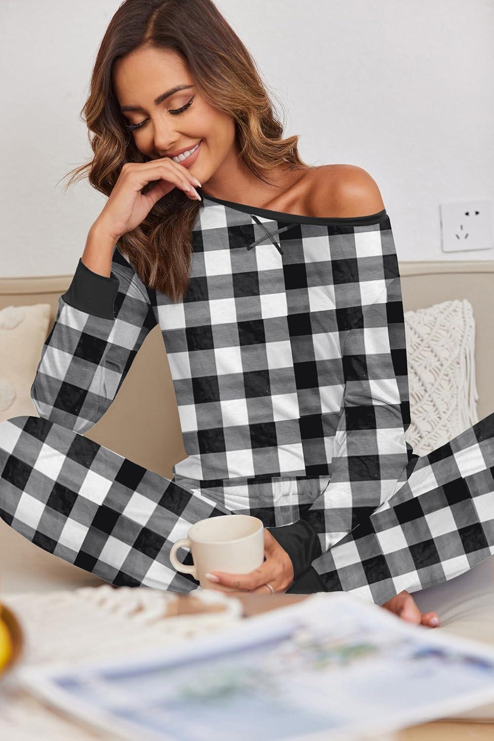 imageEkouaer Pajamas For Women Comfy Long Sleeve Jogger Set Lounge Pjs Set With PocketsBlack White Plaid