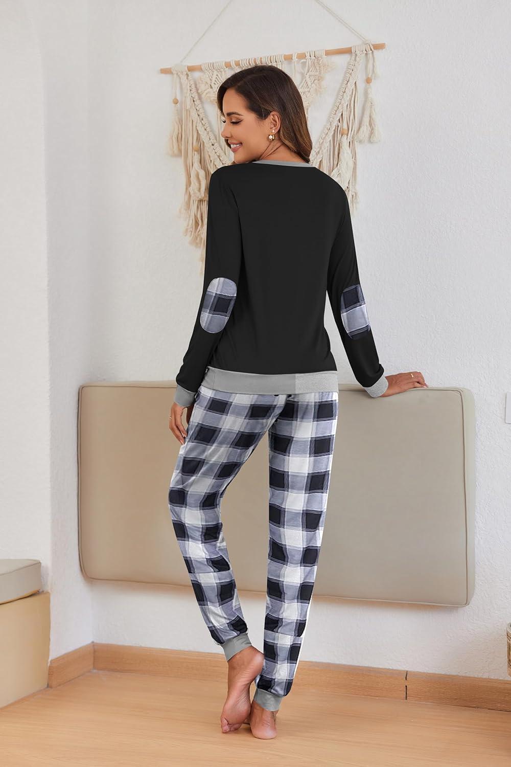 imageEkouaer Pajamas For Women Comfy Long Sleeve Jogger Set Lounge Pjs Set With PocketsBlack and White Plaid